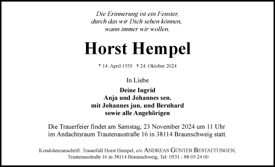 Traueranzeige von Horst Hempel von Elmshorner Nachrichten, Barmstedter Zeitung