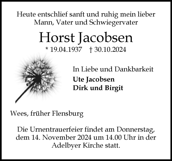 Traueranzeige von Horst Jacobsen von Flensburger Tageblatt