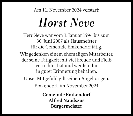 Traueranzeige von Horst Neve von Schleswig-Holsteinische Landeszeitung