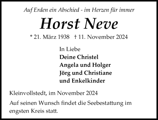 Traueranzeige von Horst Neve von Schleswig-Holsteinische Landeszeitung