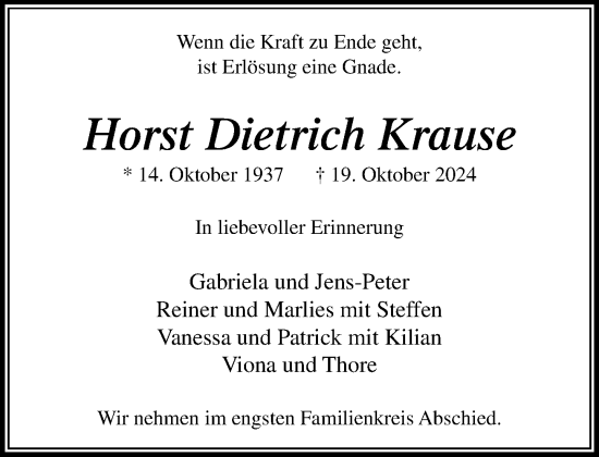 Traueranzeige von Horst Dietrich Krause von Stormaner Tageblatt