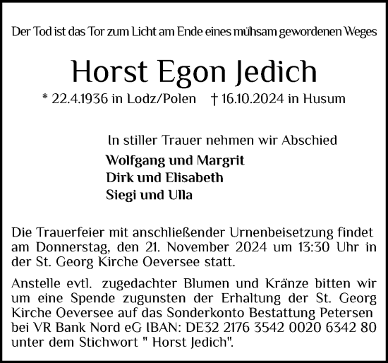 Traueranzeige von Horst Egon Jedich von Flensburger Tageblatt