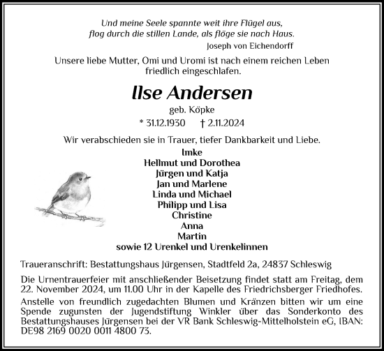 Traueranzeige von Ilse Andersen von Schleswiger Nachrichten, Schlei-Bote