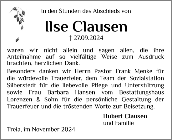 Traueranzeige von Ilse Clausen von Schleswiger Nachrichten, Schlei-Bote