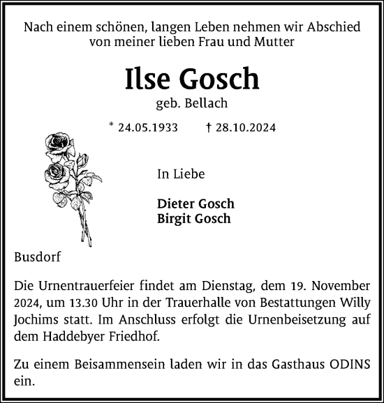 Traueranzeige von Ilse Gosch von Schleswiger Nachrichten, Schlei-Bote