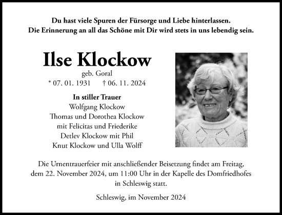 Traueranzeige von Ilse Klockow von Schleswiger Nachrichten, Schlei-Bote