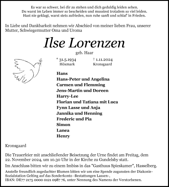 Traueranzeige von Ilse Lorenzen von Flensburger Tageblatt, Schleswiger Nachrichten, Schlei-Bote