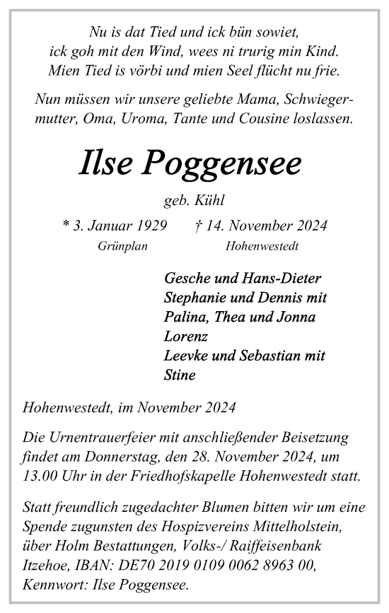 Traueranzeige von Ilse Poggensee von Schleswig-Holsteinische Landeszeitung