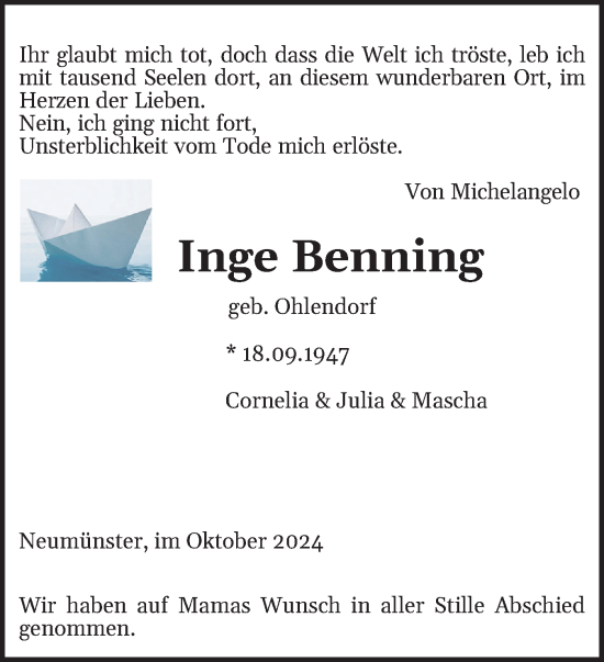 Traueranzeige von Inge Benning von Holsteinischer Courier