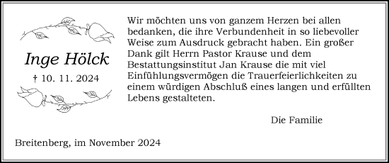 Traueranzeige von Inge Hölck von Norddeutsche Rundschau, Wilstersche Zeitung, Glückstädter Fortuna