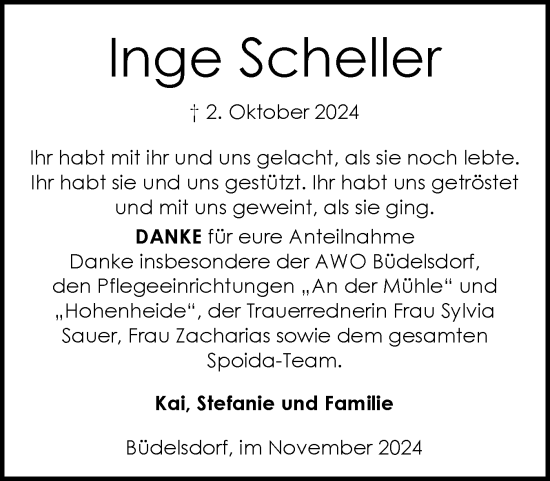 Traueranzeige von Inge Scheller von Schleswig-Holsteinische Landeszeitung