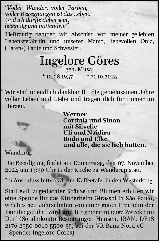 Traueranzeige von Ingelore Göres von Flensburger Tageblatt