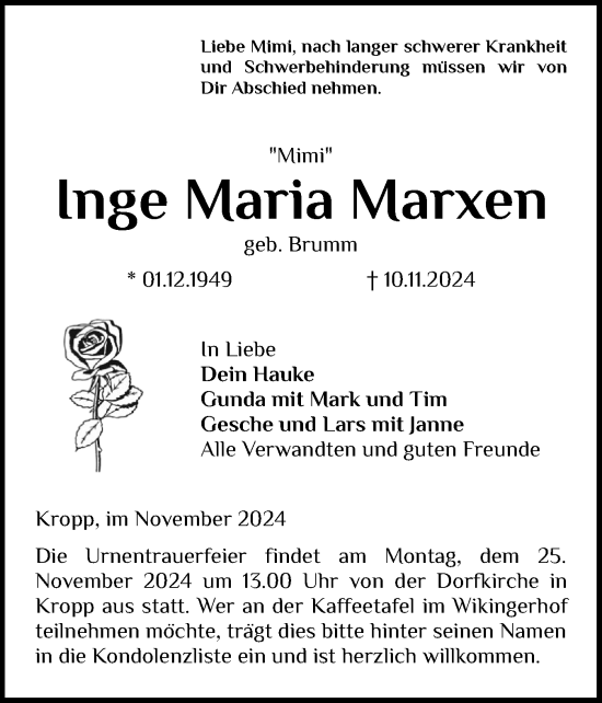 Traueranzeige von Inge Maria Marxen von Schleswiger Nachrichten, Schlei-Bote