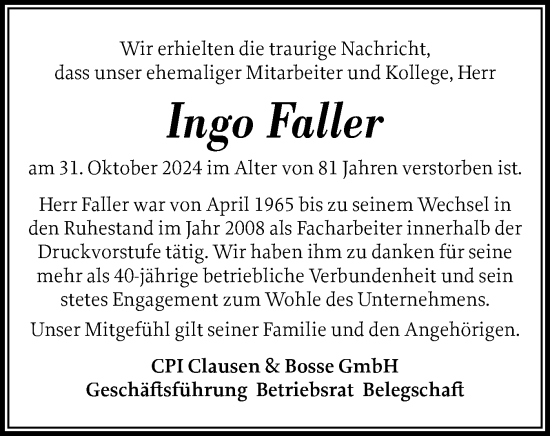 Traueranzeige von Ingo Faller von Husumer Nachrichten, Nordfriesland Tageblatt