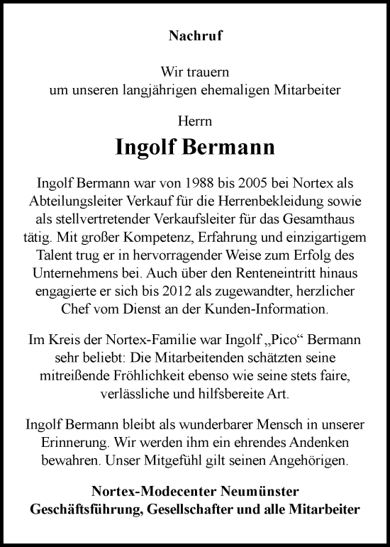 Traueranzeige von Ingolf Bermann von Schleswig-Holsteinische Landeszeitung