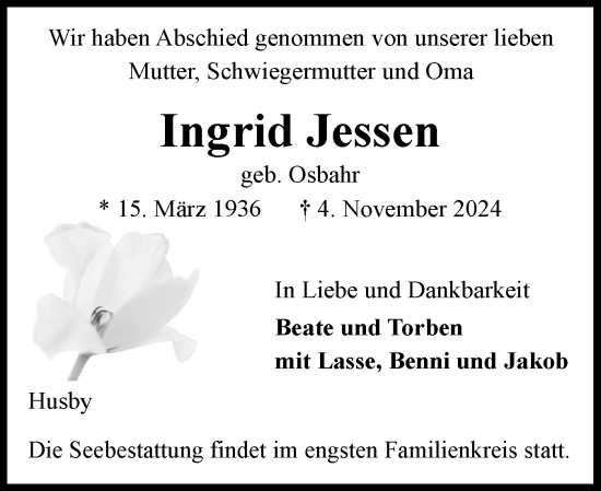 Traueranzeige von Ingrid Jessen von Flensburger Tageblatt