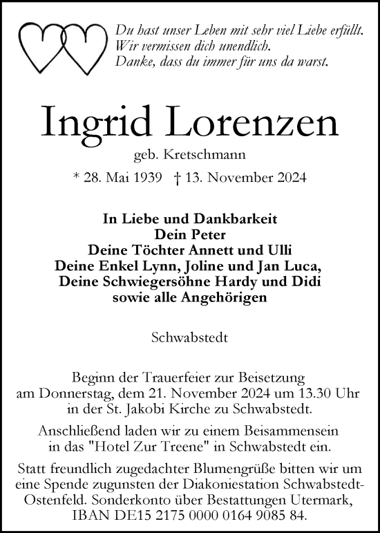 Traueranzeige von Ingrid Lorenzen von Husumer Nachrichten, Nordfriesland Tageblatt