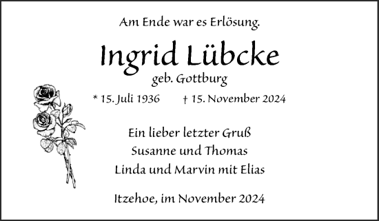 Traueranzeige von Ingrid Lübcke von Norddeutsche Rundschau, Wilstersche Zeitung, Glückstädter Fortuna