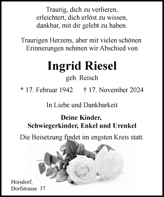 Traueranzeige von Ingrid Riesel von Stormaner Tageblatt