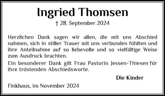 Traueranzeige von Ingrid Thomsen von Husumer Nachrichten, Nordfriesland Tageblatt