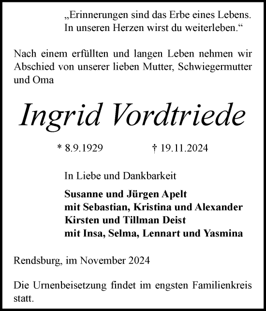 Traueranzeige von Ingrid Vordtriede von Schleswig-Holsteinische Landeszeitung