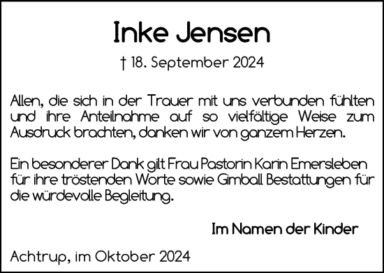 Traueranzeige von Inke Jensen von Region Flensburg