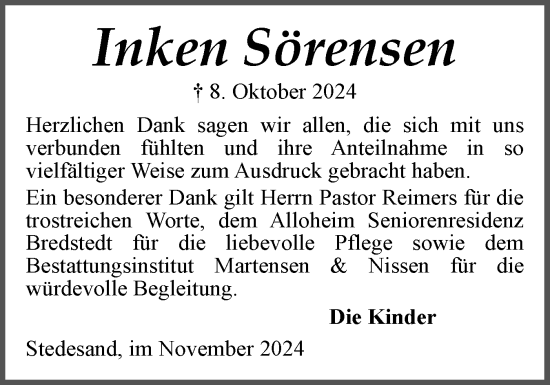 Traueranzeige von Inken Sörensen von Husumer Nachrichten, Nordfriesland Tageblatt