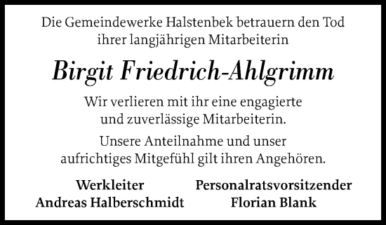 Traueranzeige von irgit Friedrich-Ahlgrimm von Region Pinneberg und tip Pinneberg