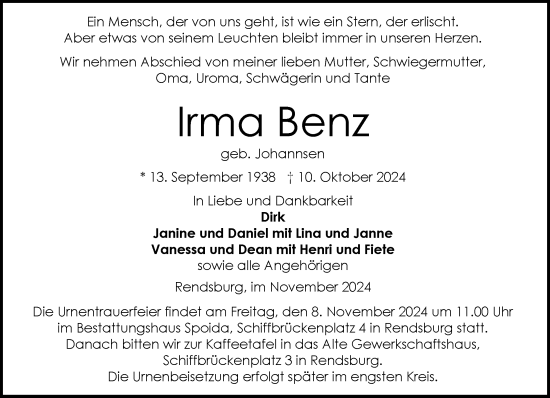 Traueranzeige von Irma Benz von Schleswig-Holsteinische Landeszeitung