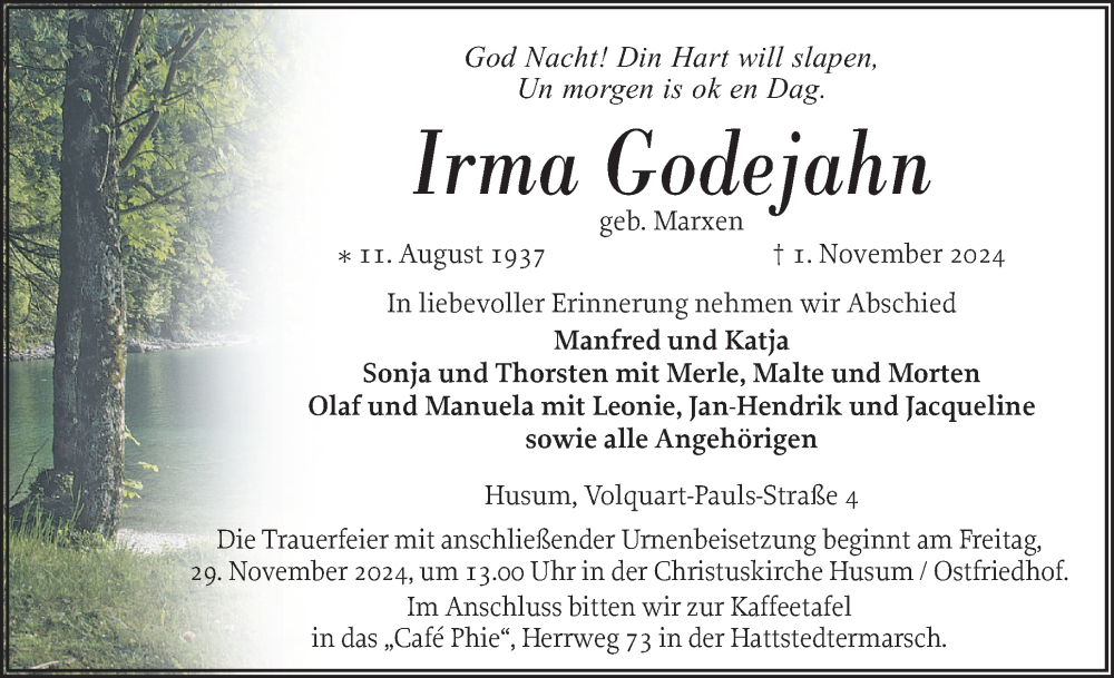  Traueranzeige für Irma Godejahn vom 09.11.2024 aus Husumer Nachrichten, Nordfriesland Tageblatt