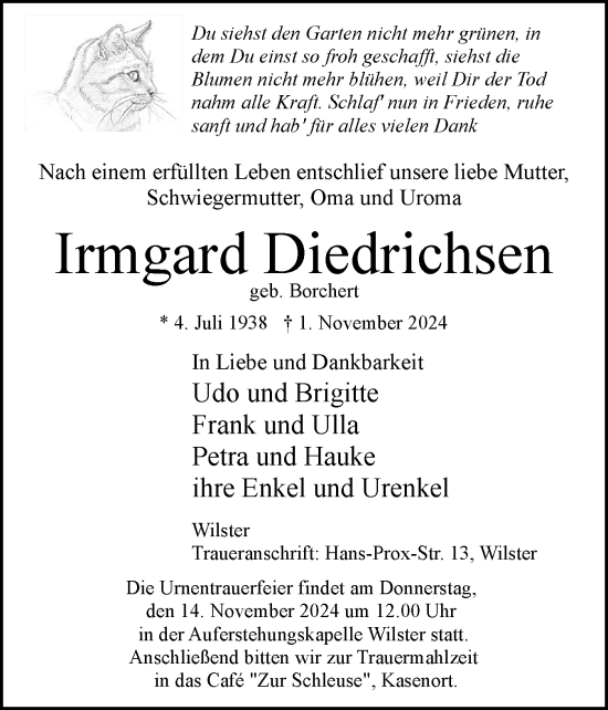 Traueranzeige von Irmgard Diedrichsen von Norddeutsche Rundschau, Wilstersche Zeitung, Glückstädter Fortuna