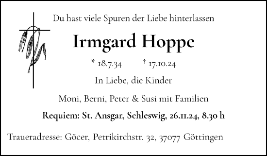 Traueranzeige von Irmgard Hoppe von Schleswiger Nachrichten, Schlei-Bote