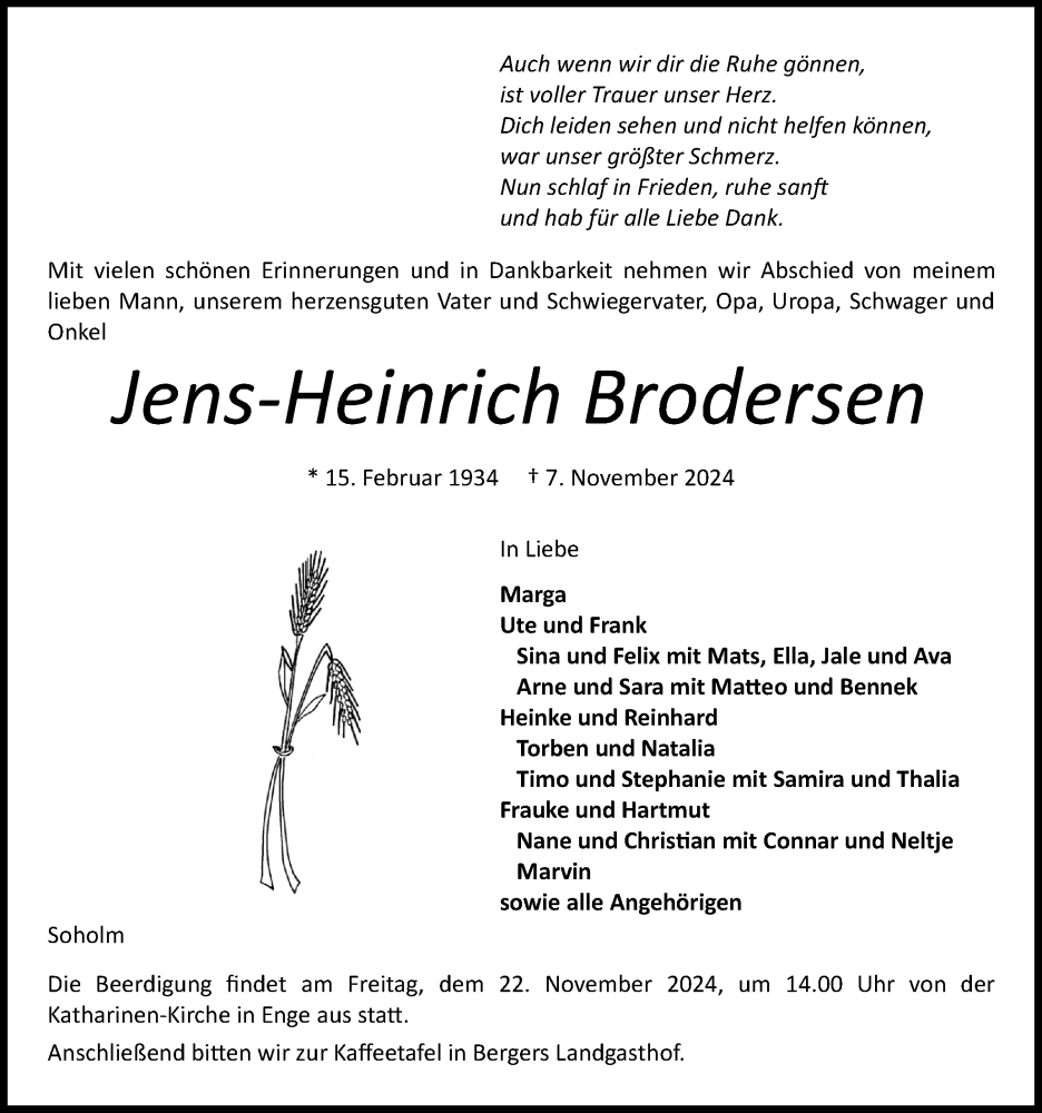  Traueranzeige für Jens-Heinrich Brodersen vom 13.11.2024 aus Husumer Nachrichten, Nordfriesland Tageblatt