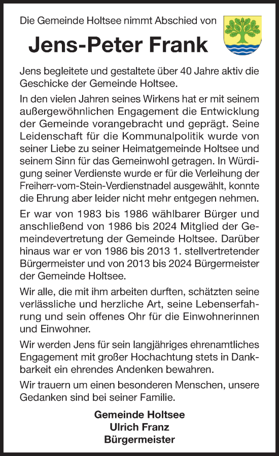 Traueranzeige von Jens-Peter Frank von Eckernförder Zeitung, Hallo Eckernförde