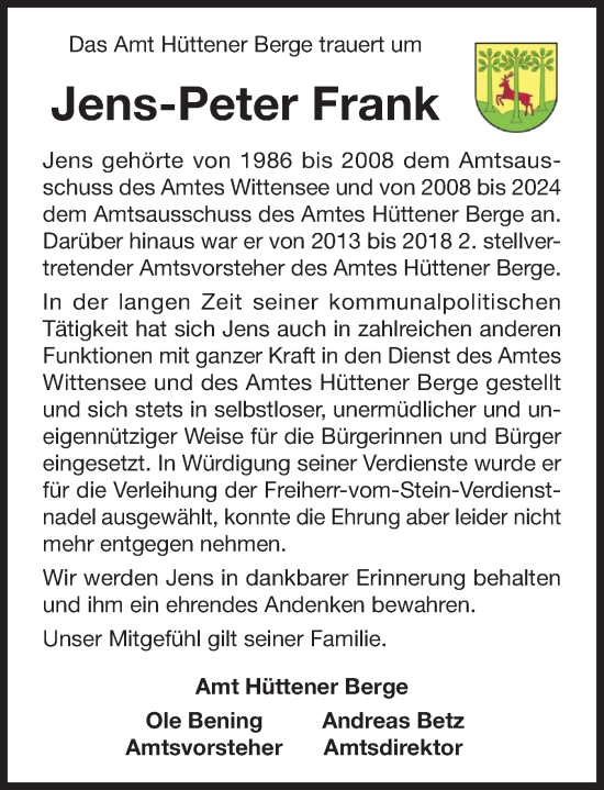 Traueranzeige von Jens-Peter Frank von Eckernförder Zeitung, Hallo Eckernförde