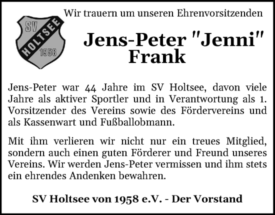 Traueranzeige von Jens-Peter Frank von Eckernförder Zeitung, Hallo Eckernförde