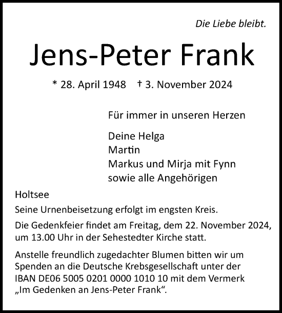 Traueranzeige von Jens-Peter Frank von Eckernförder Zeitung, Hallo Eckernförde