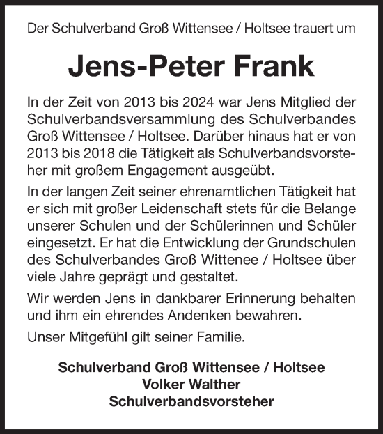 Traueranzeige von Jens-Peter Frank von Eckernförder Zeitung, Hallo Eckernförde