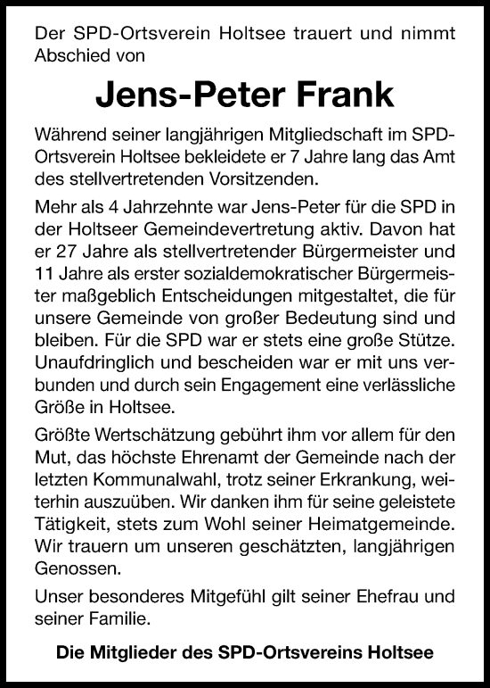 Traueranzeige von Jens-Peter Frank von Eckernförder Zeitung, Hallo Eckernförde