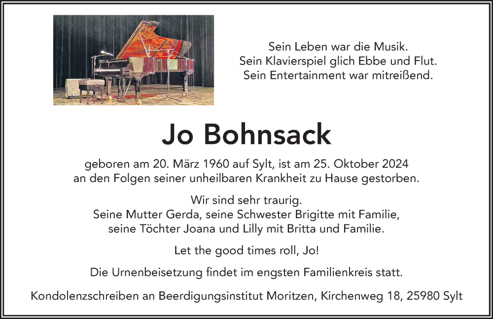  Traueranzeige für Jo Bohnsack vom 02.11.2024 aus Sylter Rundschau