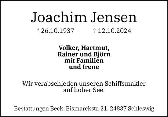 Traueranzeige von Joachim Jensen von Schleswig-Holsteinische Landeszeitung