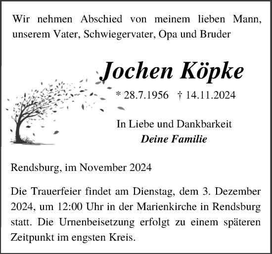 Traueranzeige von Jochen Köpke von Schleswig-Holsteinische Landeszeitung