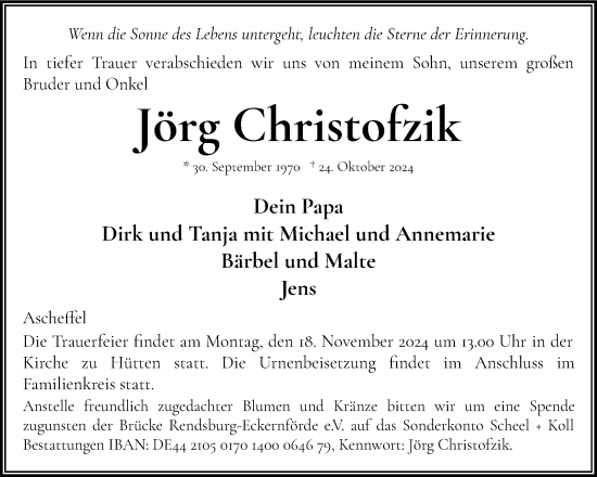 Traueranzeige von Jörg Christofzik von Eckernförder Zeitung, Hallo Eckernförde