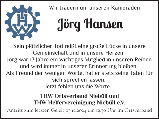 Traueranzeige von Jörg Hansen von Husumer Nachrichten, Nordfriesland Tageblatt