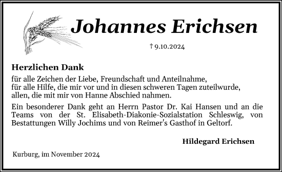 Traueranzeige von Johannes Erichsen von Schleswiger Nachrichten, Schlei-Bote