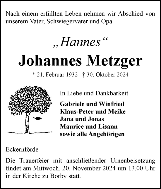 Traueranzeige von Johannes Metzger von Eckernförder Zeitung, Hallo Eckernförde