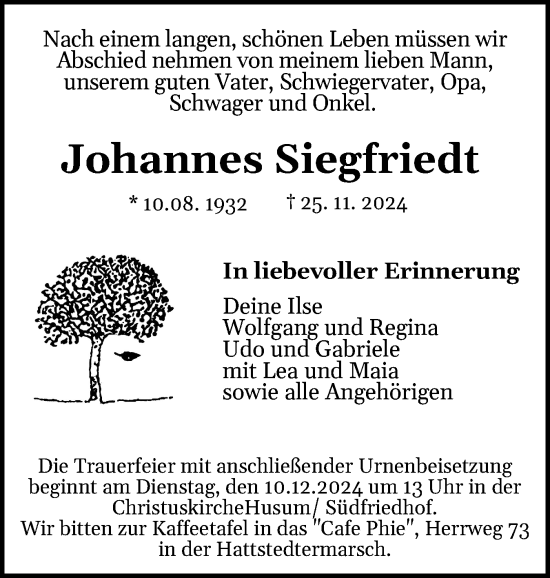 Traueranzeige von Johannes Siegfriedt von Husumer Nachrichten, Nordfriesland Tageblatt