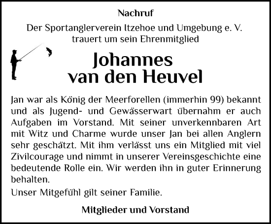 Traueranzeige von Johannes van den Heuvel von Norddeutsche Rundschau, Wilstersche Zeitung, Glückstädter Fortuna