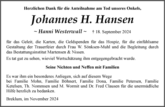 Traueranzeige von Johannes H. Hansen von Husumer Nachrichten, Nordfriesland Tageblatt