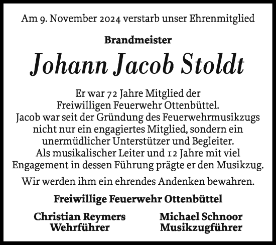 Traueranzeige von Johann Jacob Stoldt von Norddeutsche Rundschau, Wilstersche Zeitung, Glückstädter Fortuna